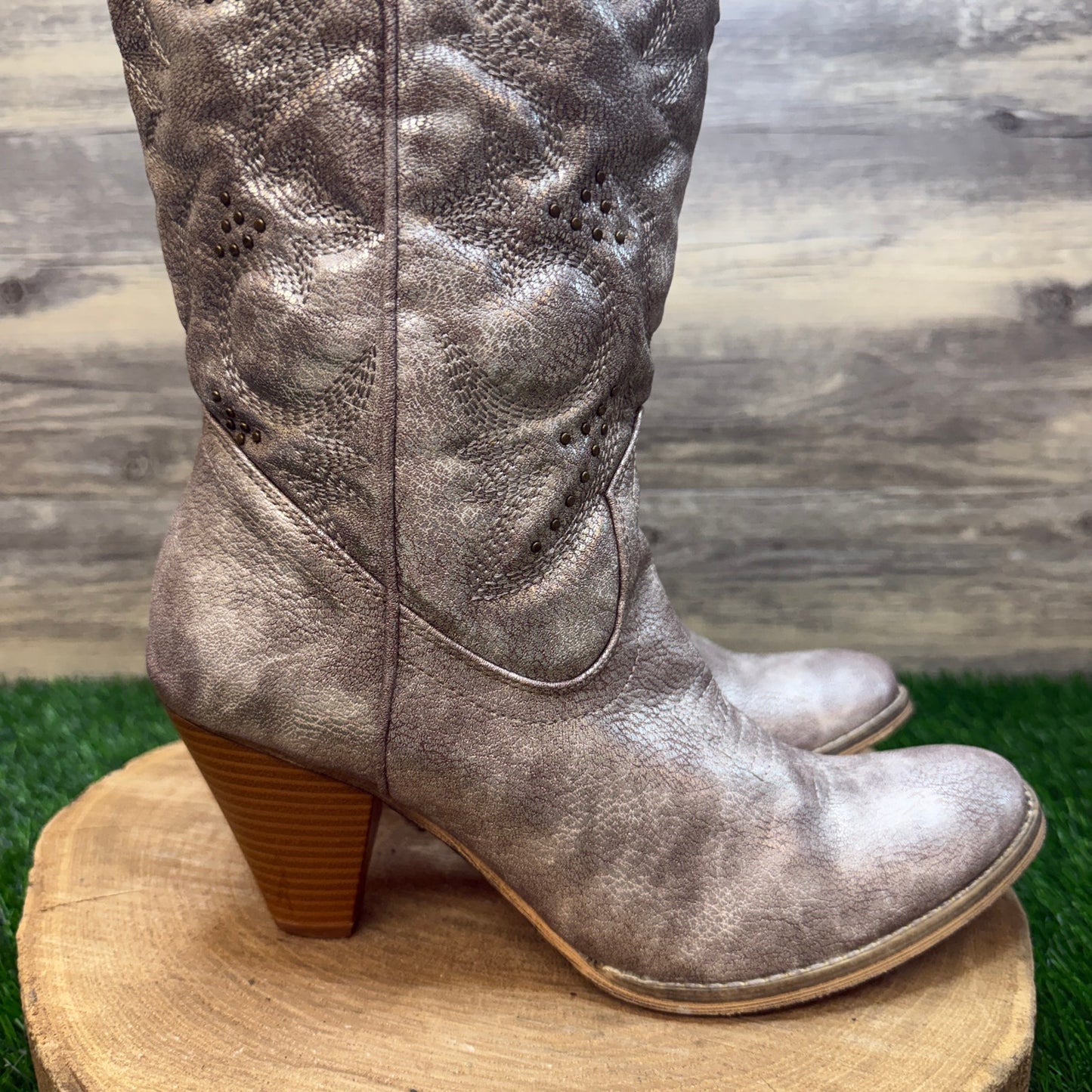 Very Volatile Women - Size 11 - Metallic Beige Studded Faux Leather Boots