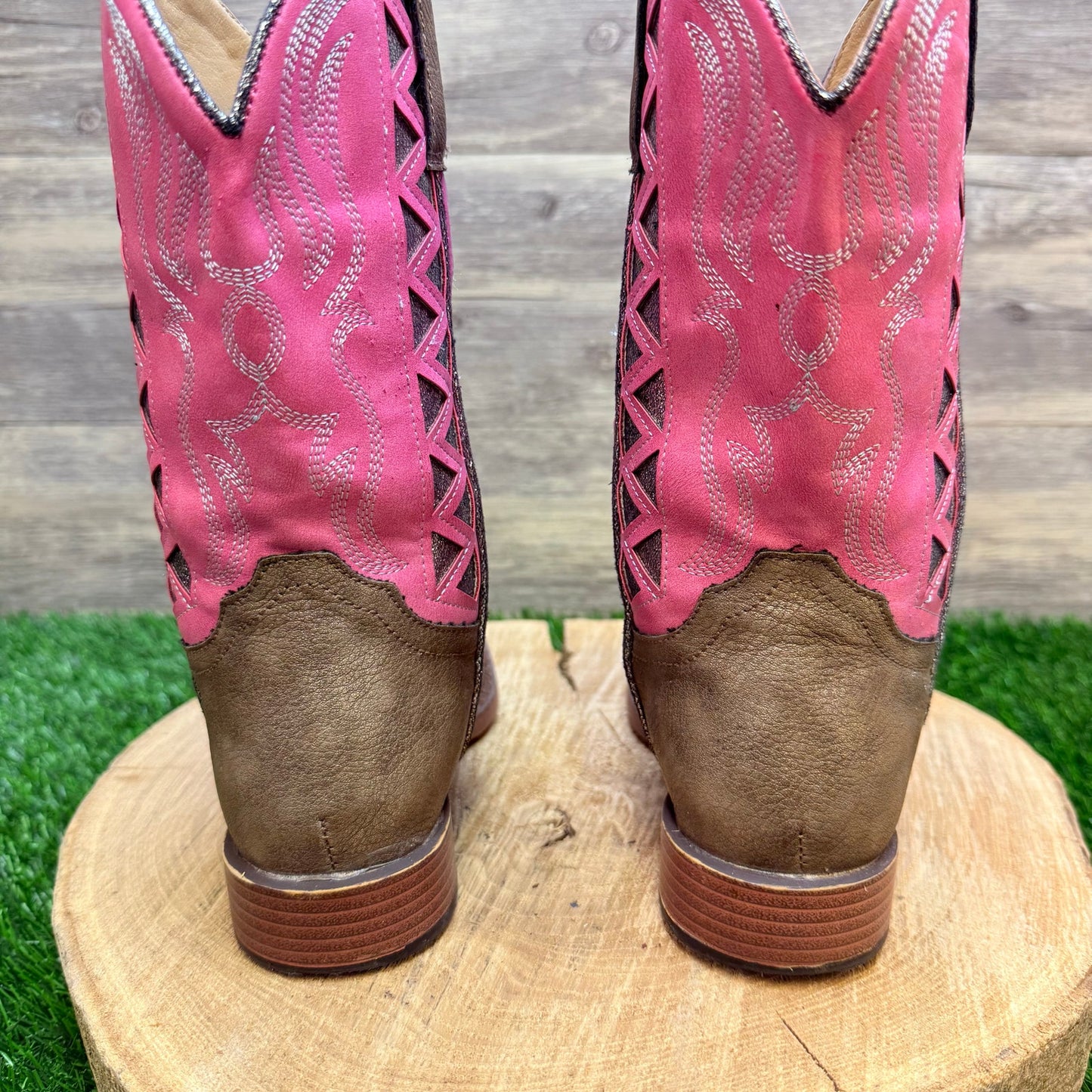 Roper Youth - Size 2 - Glitter Tan / Pink Faux Leather Cowboy Boots 2486