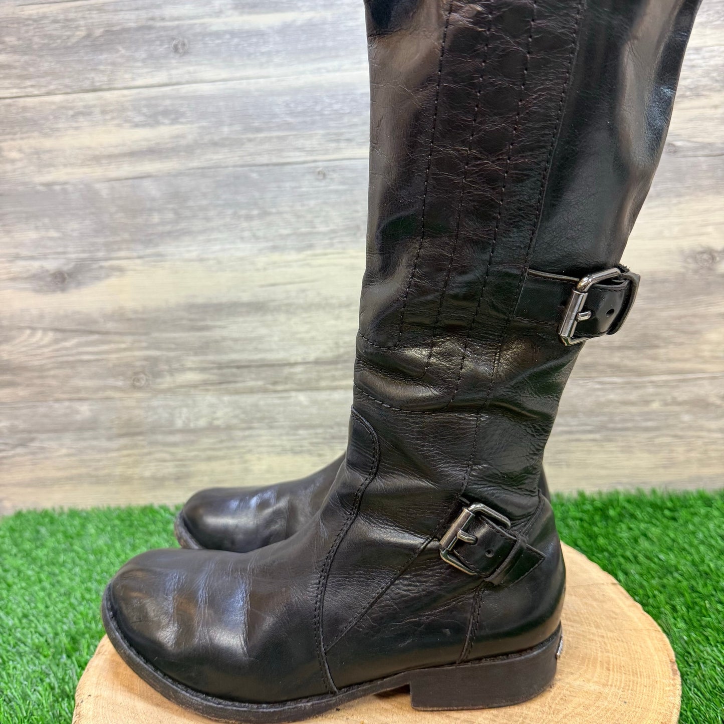 Juicy Couture Women - Size 8.5M - Black Tall Belted Zipper Moto Boots