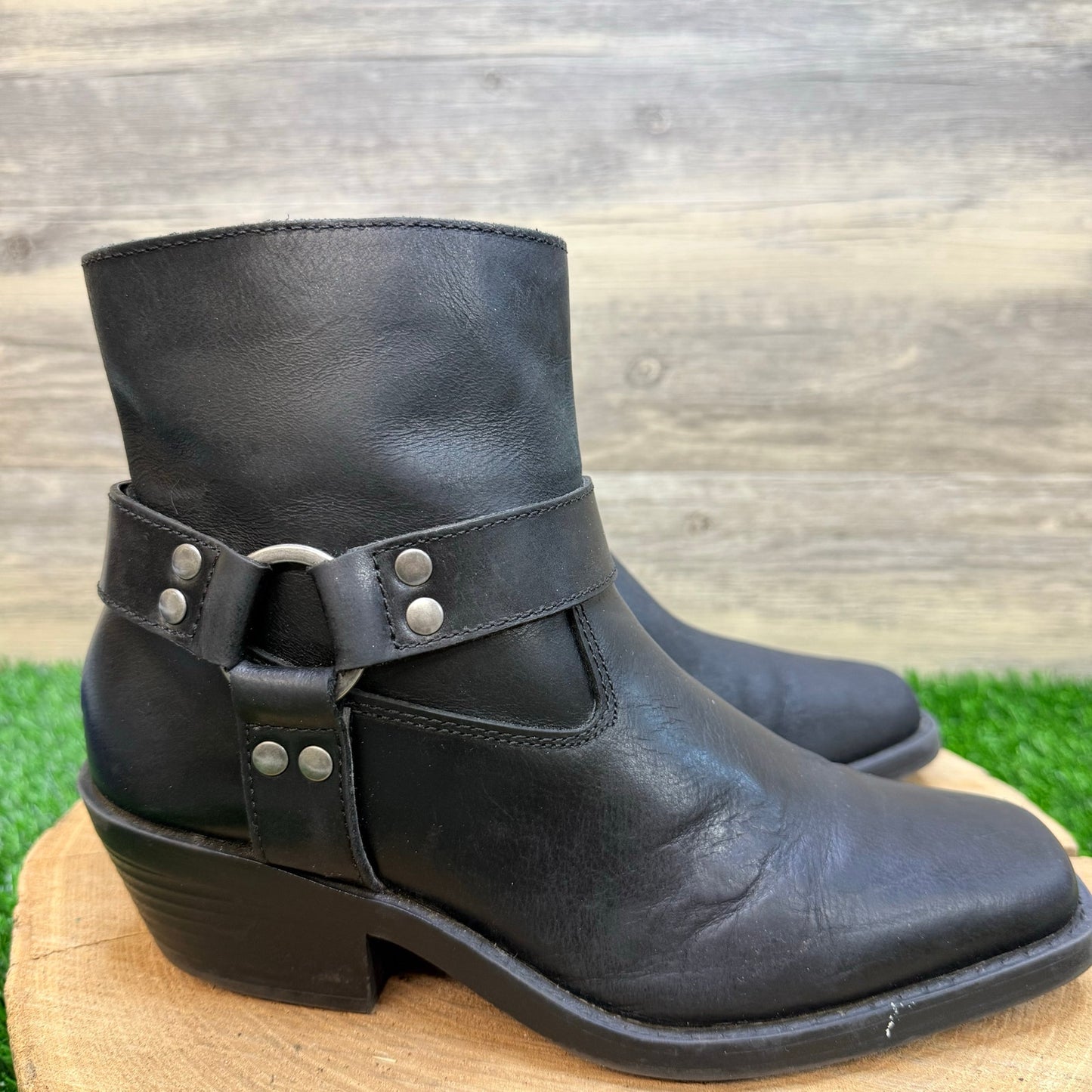 Sun and Stone Women - Size 8 - Black Harness Square Toe Ankle Zipper Boots