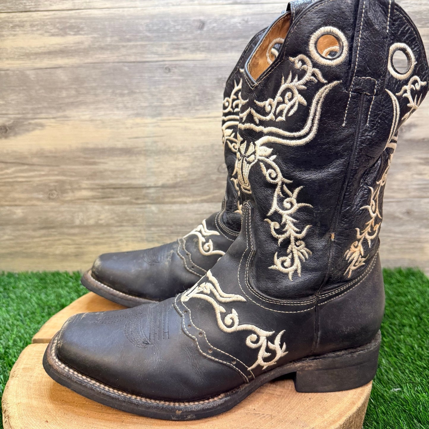 El General Men - Size 8.5 - Black Longhorn Square Toe Cowboy Boots 1803