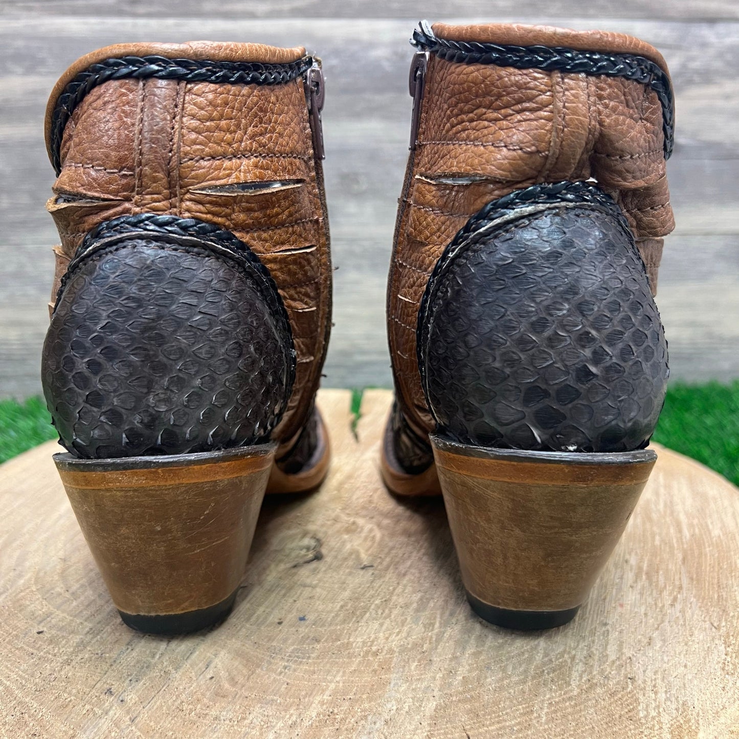 Veari Women - Size 6.5 - Brown Two Tone Snake Zipper Ankle Boots