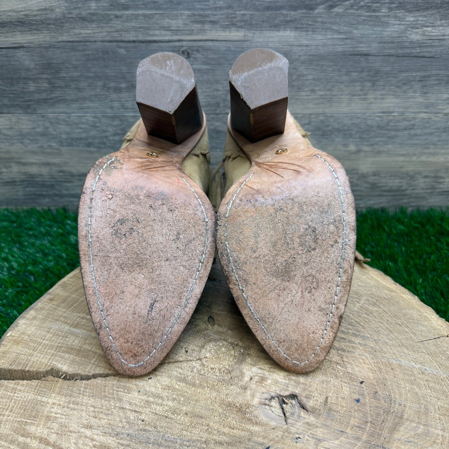 Cynthia Vincent Women - Size 8.5 - Tan Fringe Ankle Heeled Zipper Boots