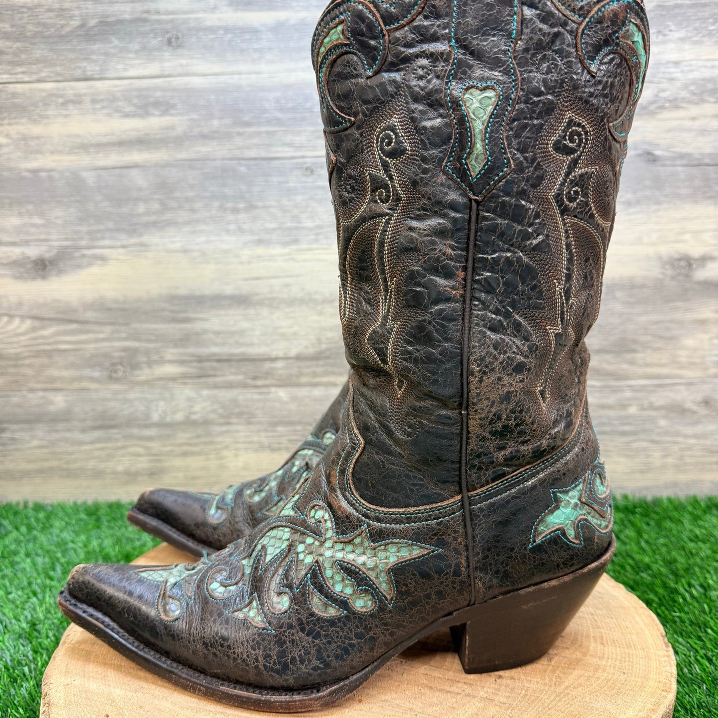 Stetson Women - Size 9B - Distressed Chocolate Snake Inlay Cowboy Boots 0512