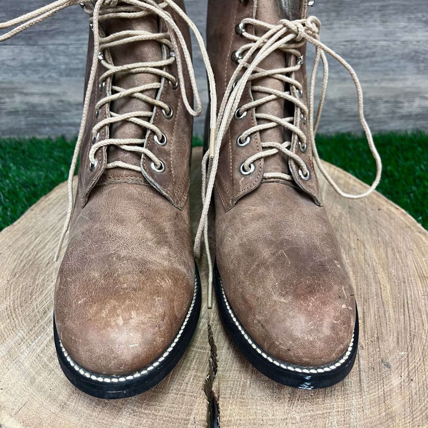 Justin Youth- Size 5.5D - Vintage Tan Lace Up Cowboy Boots Style 584