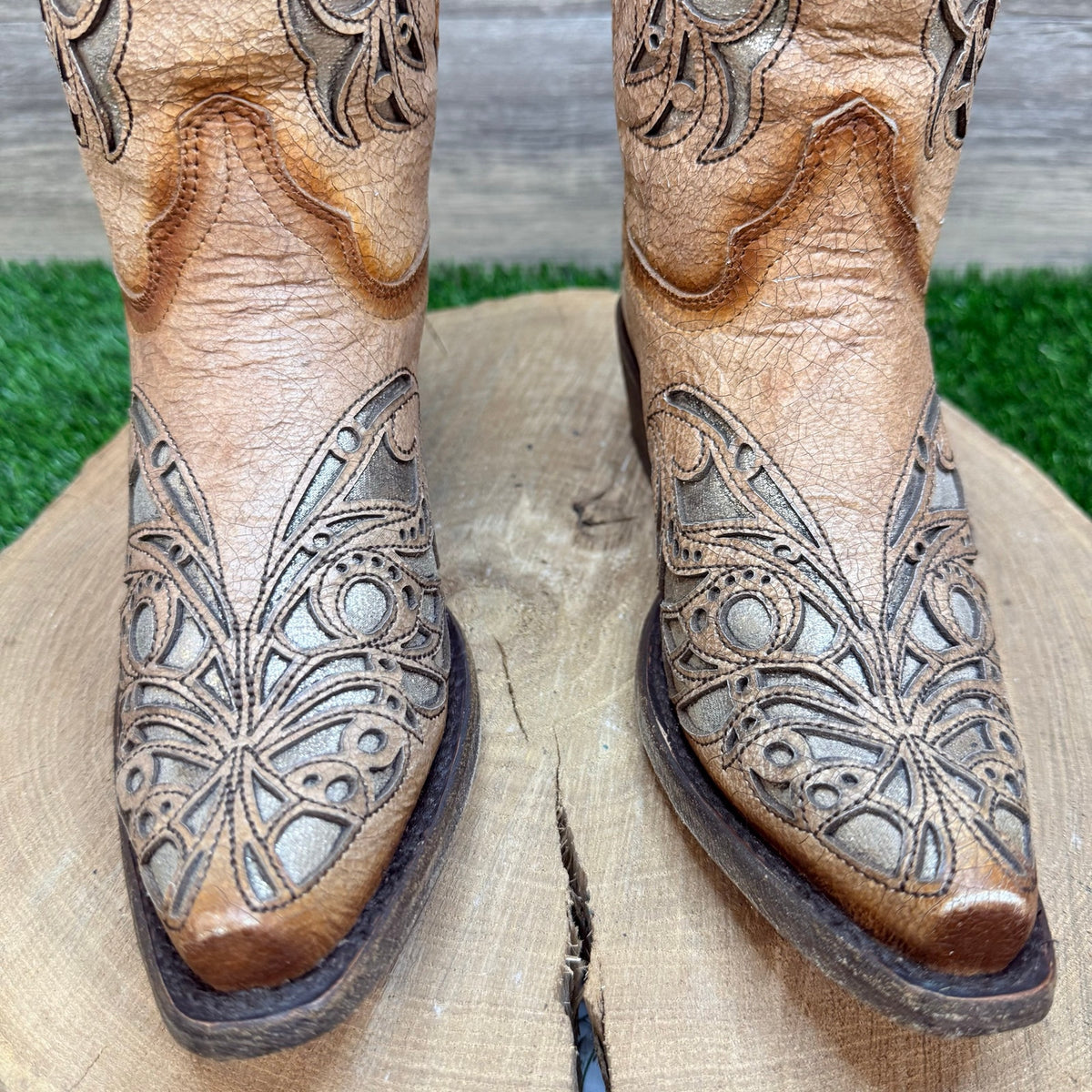 Corral Teen Youth - Size 5 - Beige / Gold Inlay Western Cowboy Boots 0080