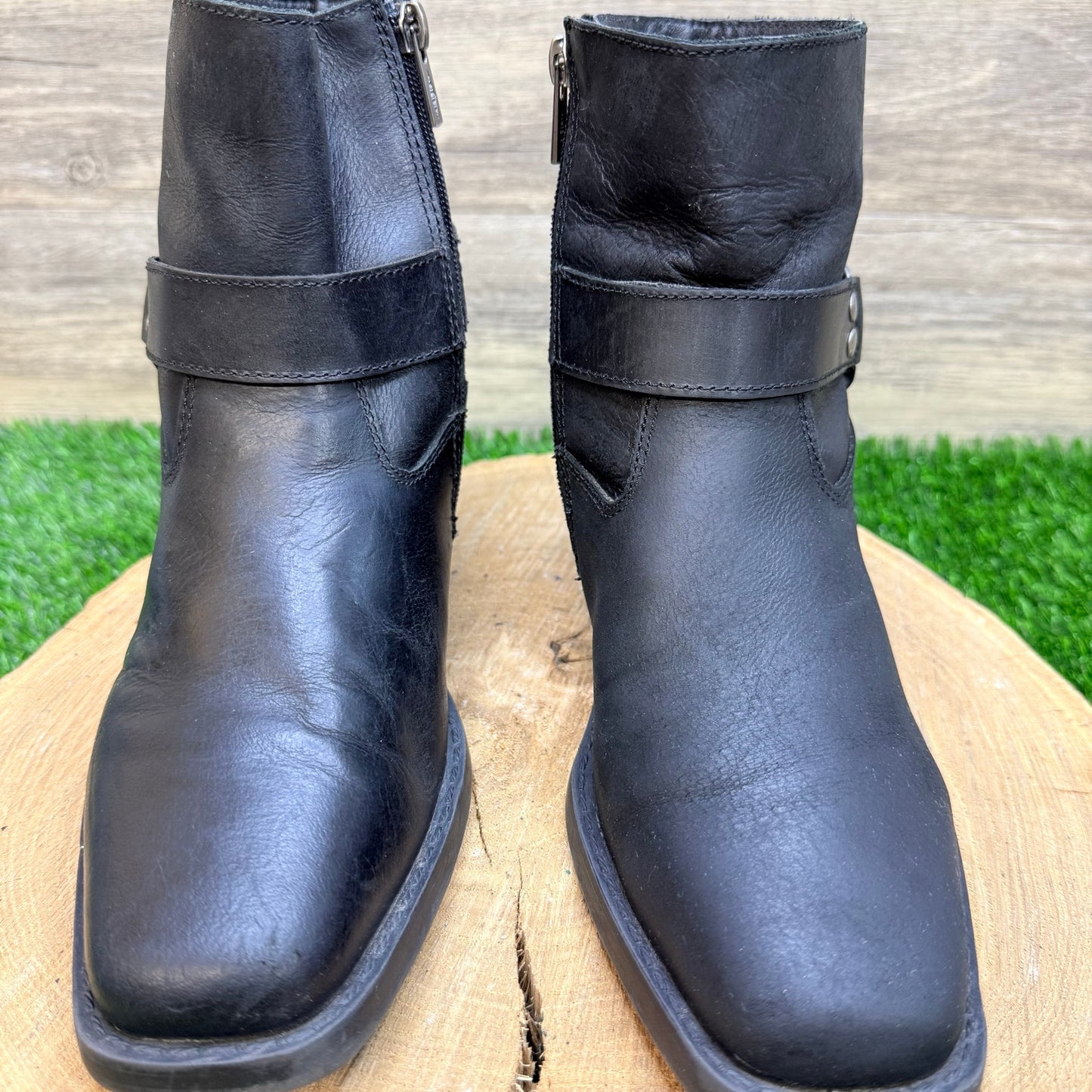 Sun and Stone Women - Size 8 - Black Harness Square Toe Ankle Zipper Boots