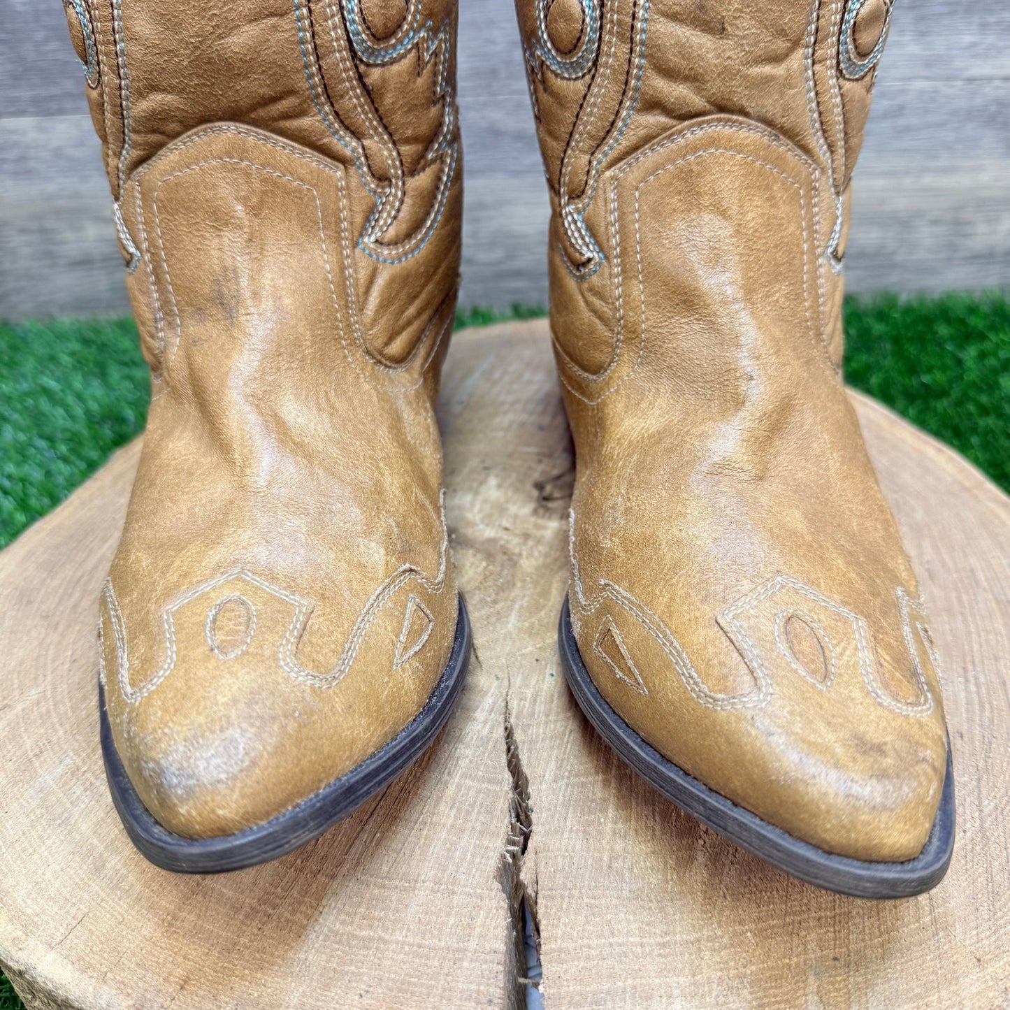 Coconuts Women - Size 10M - Brown / Green Faux Leather Cowboy Boots Cimmaron