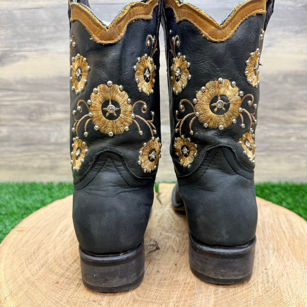 Cerrito Youth - Size 1 - Black / Tan Jeweled Flowers Cowboy Boots 2309
