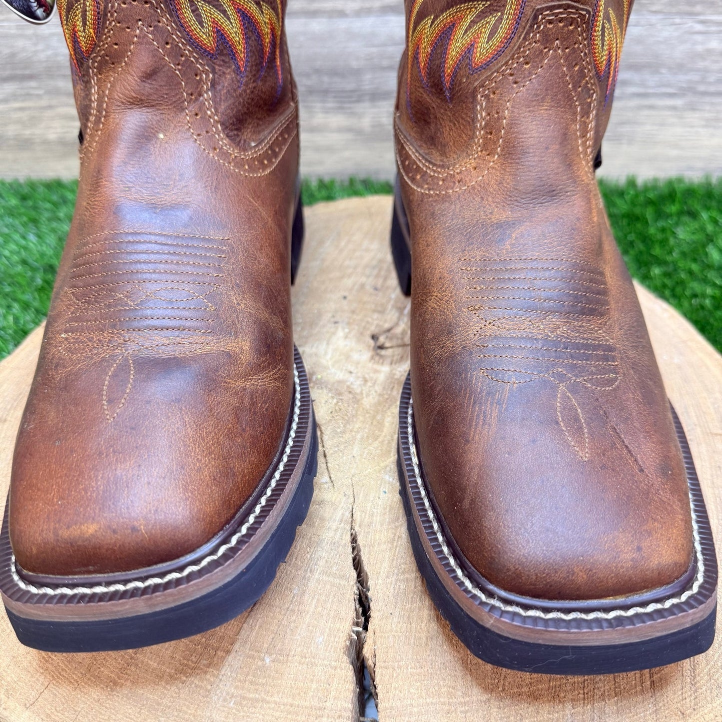 Justin Men - Size 9B - Brown Work Stampede Square Toe Cowboy Boots WKL4689
