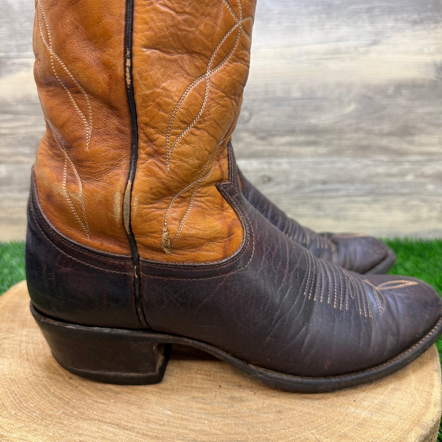 Tony Lama Men - Size 7.5D - Vintage Two Tone Marbled Brown Cowboy Boots H9726
