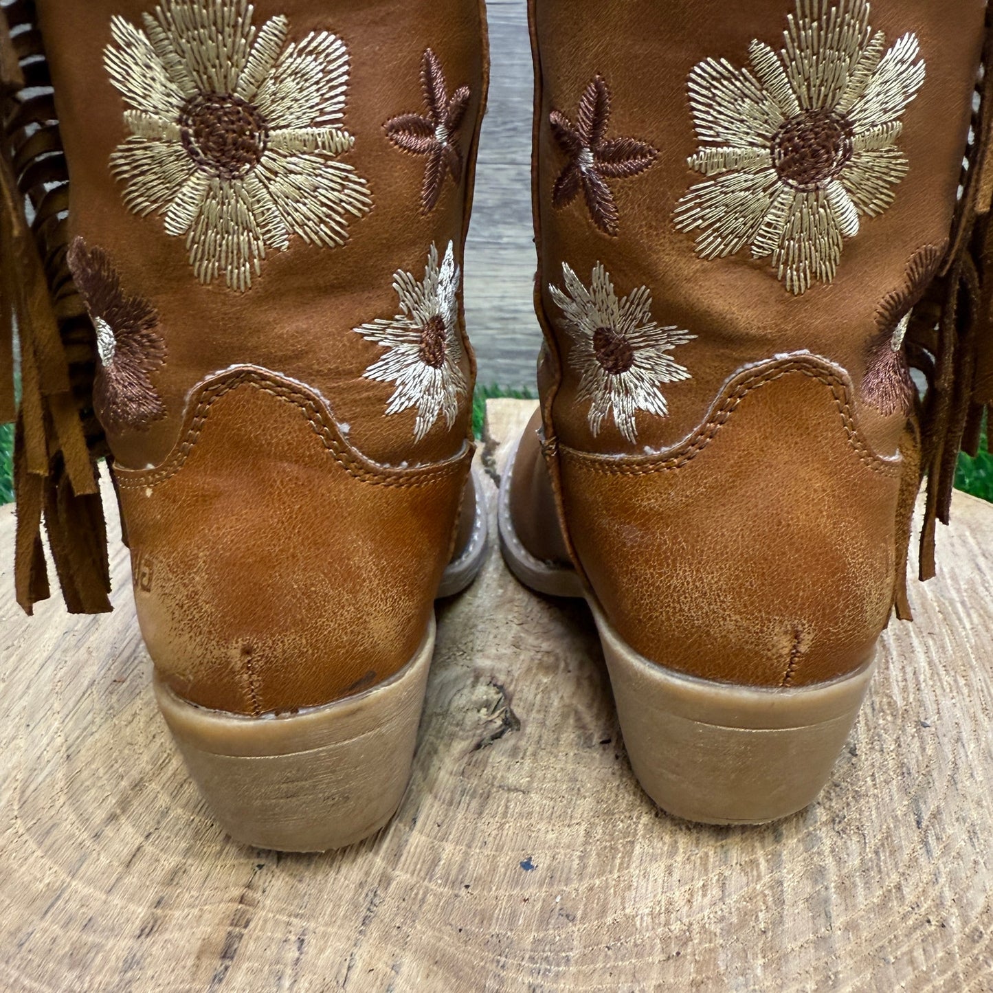 Rolled Youth - Size 9T - Tan Floral Fringe Faux Leather Cowboy Boots Style