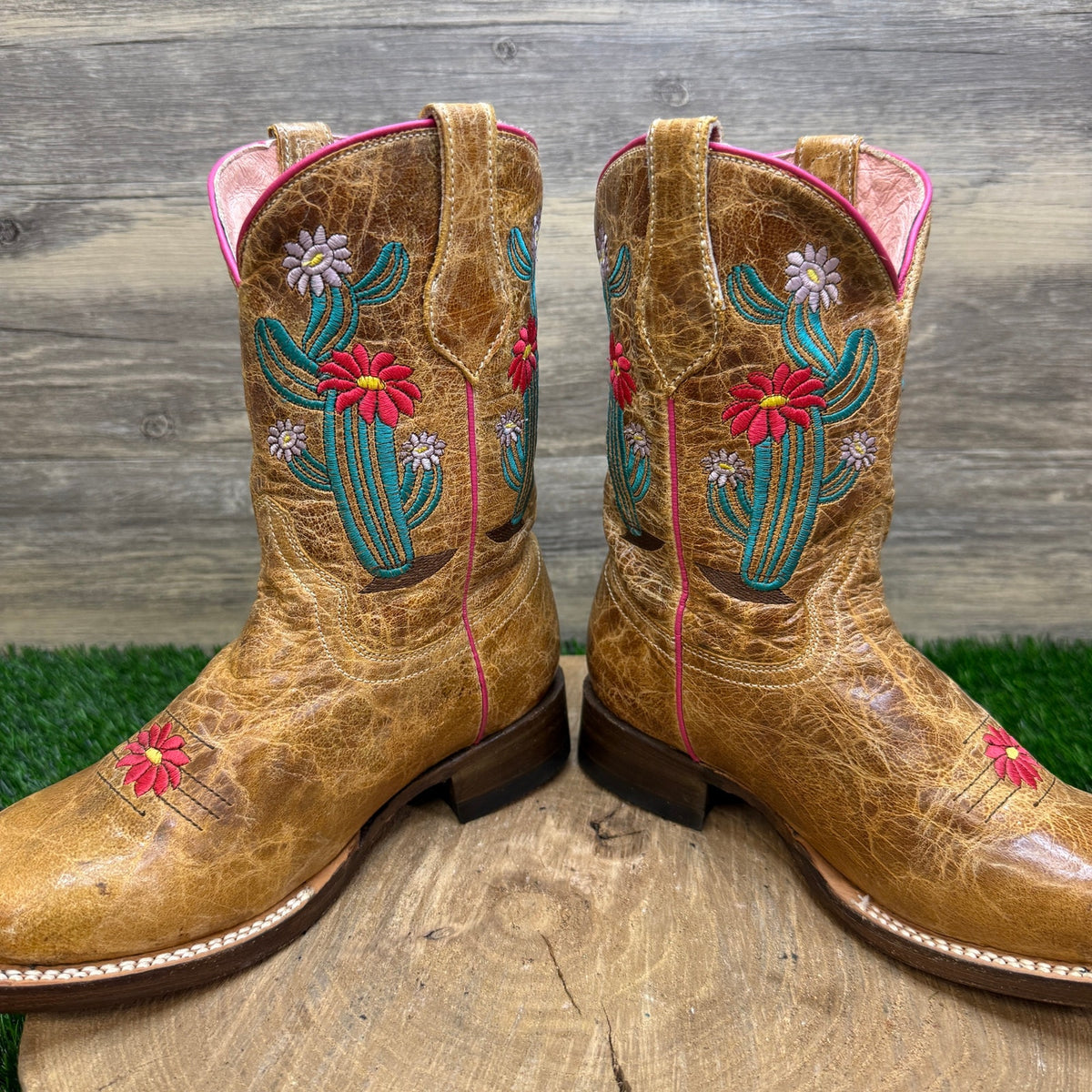 Roper Youth - Size 2.5 - Tan Cactus/Floral Square Toe Cowboy Boots Style 1482