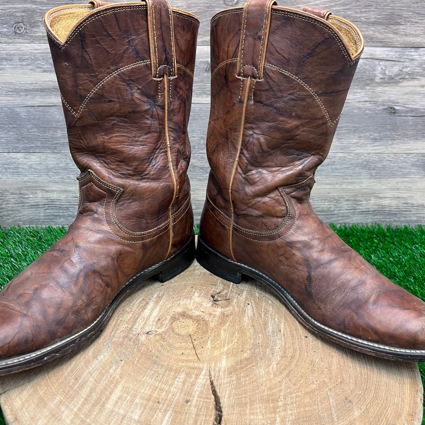 Justin Men - Size 8B - Vintage Marbled Brown Roper Cowboy Boots Style L3163