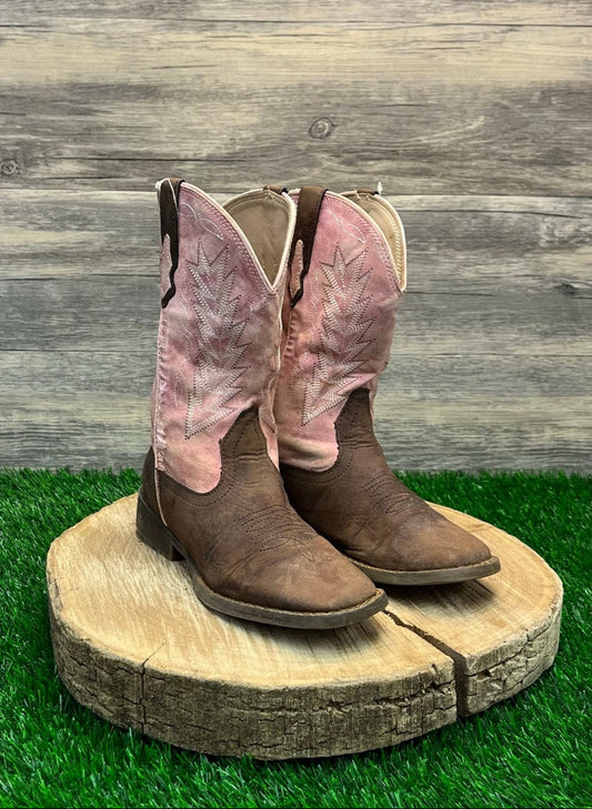 Roper Youth - Size 2 - Brown/Pink Square Toe Faux Leather Cowboy Boots 9508