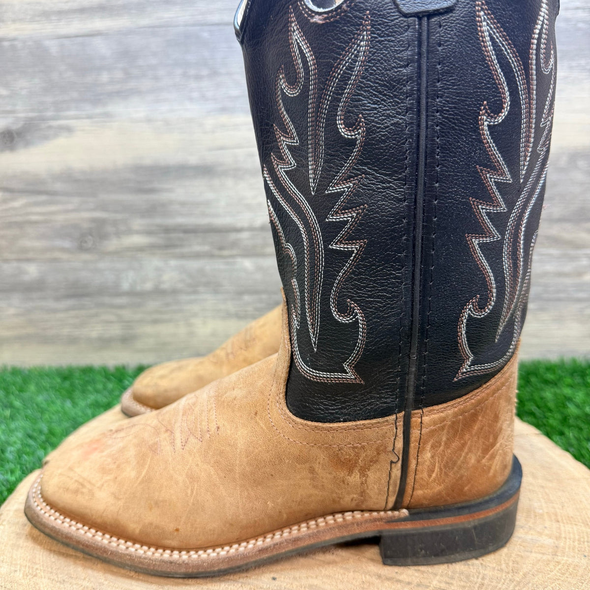 Old West Youth - Size 4.5D - Black / Tan Square Western Cowboy Boots BSY1814