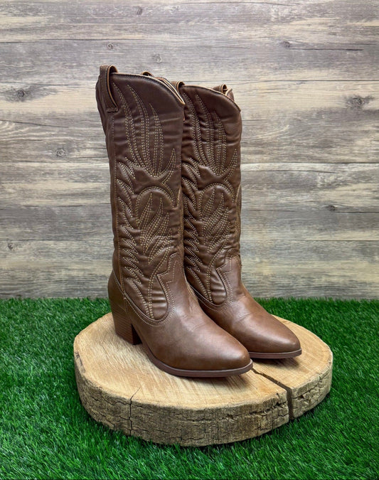 Qupid Women - Size 7.5 - Cognac Faux Leather Cowboy Boots