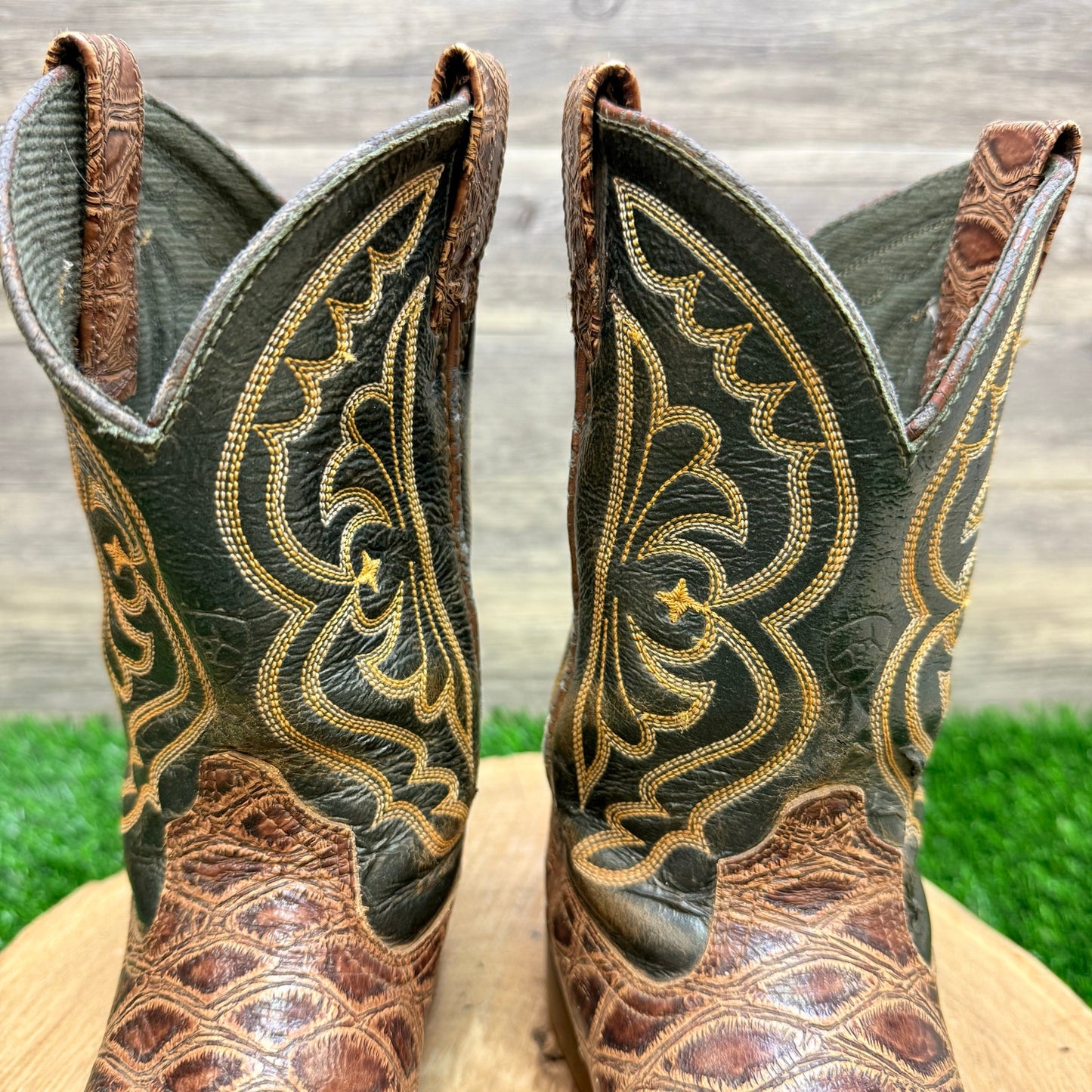 Ariat Youth - Size 13.5 - Brown/Green Square Toe Cowboy Boots