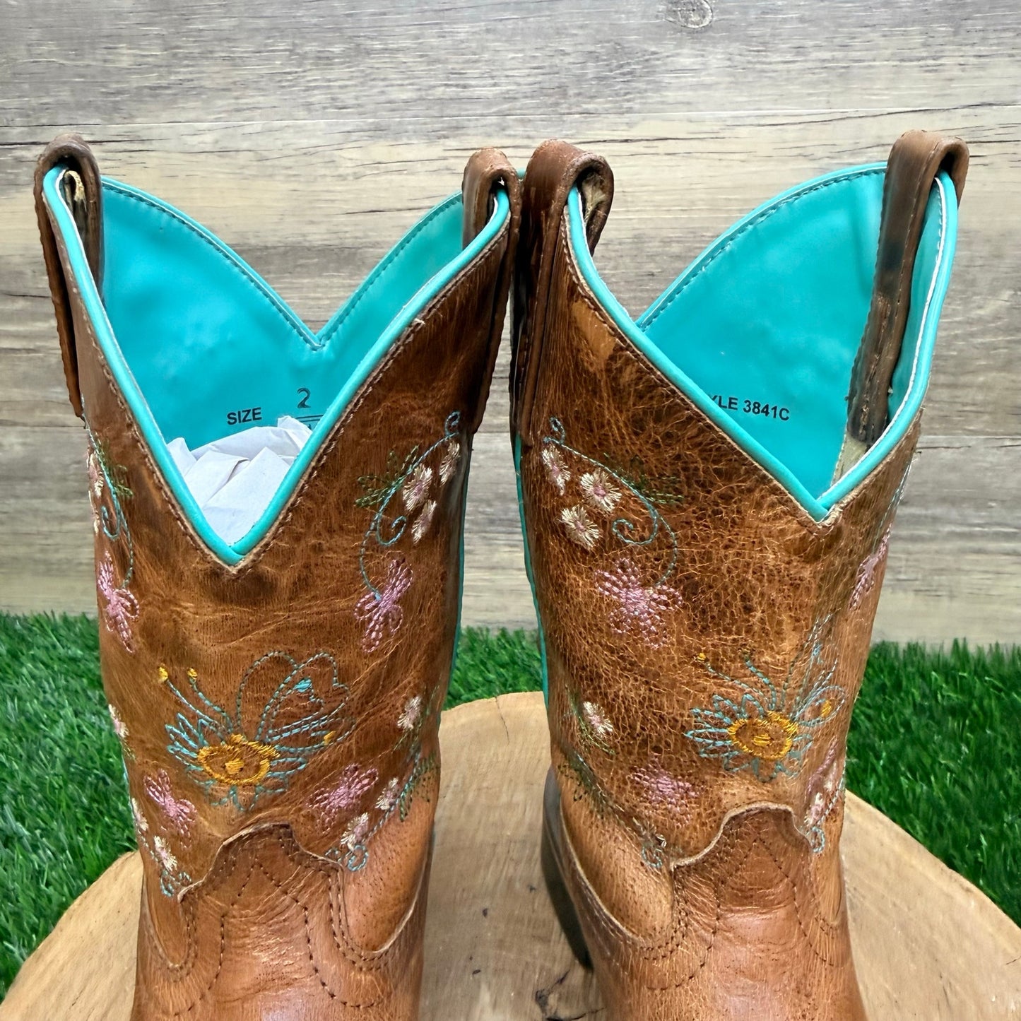 Smoky Mountain Youth - Size 2R - Tan Floral Square Toe Cowboy Boots 3841C