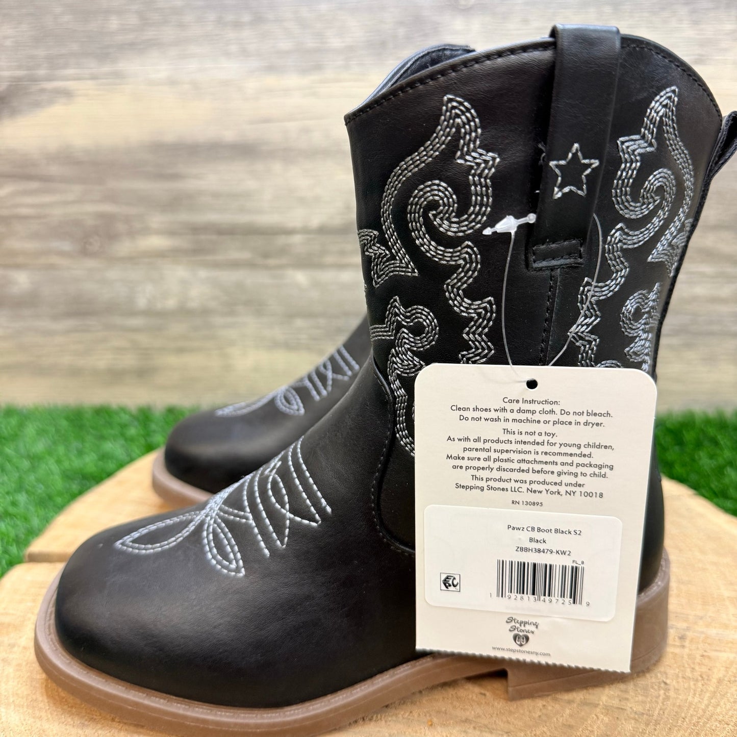 NEW Pawz Youth - Size 2 - Black Western Faux Leather Cowboy Boots
