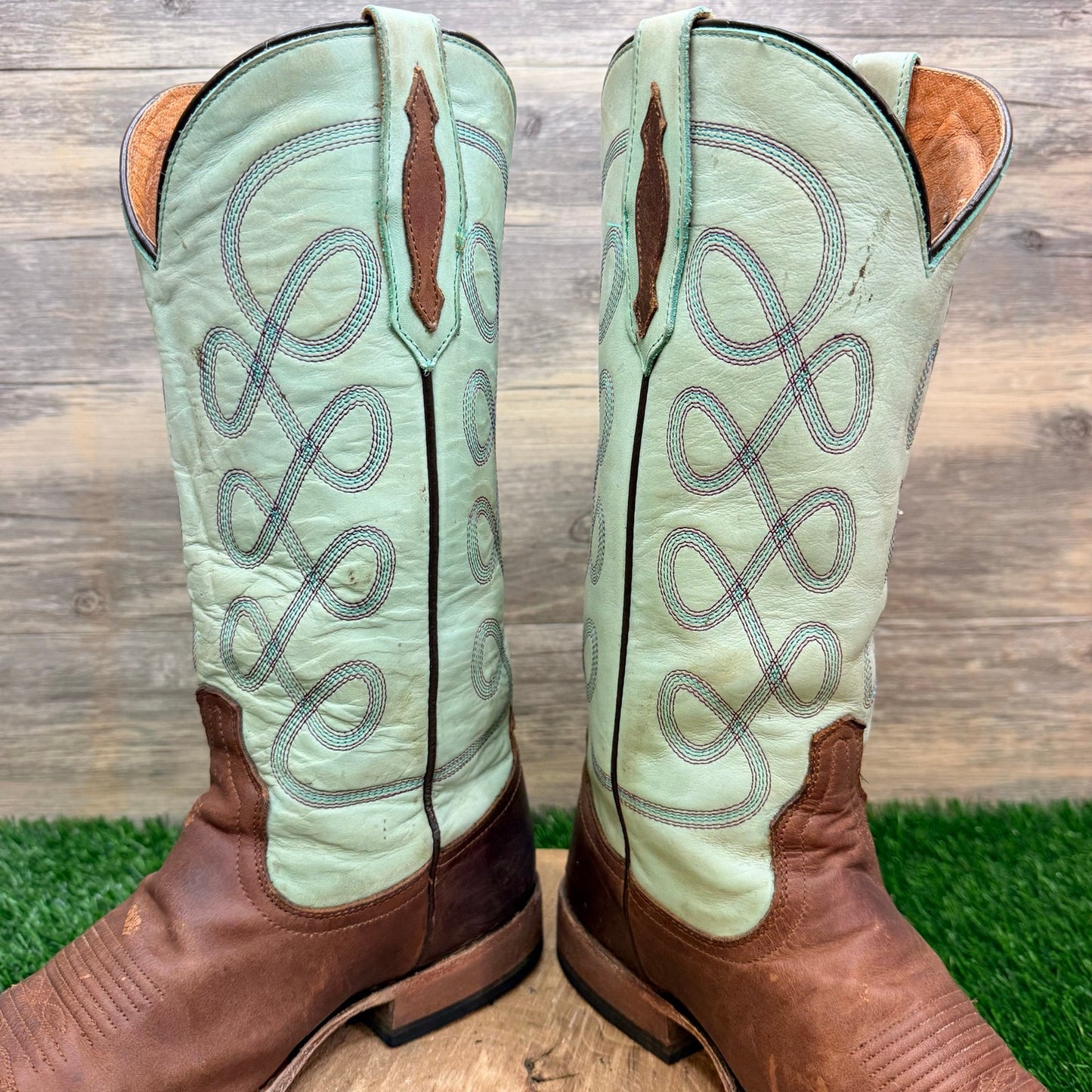 Tony Lama Women- Size 8.5B - Light Green / Brown Square Toe Cowboy Boots TL3201