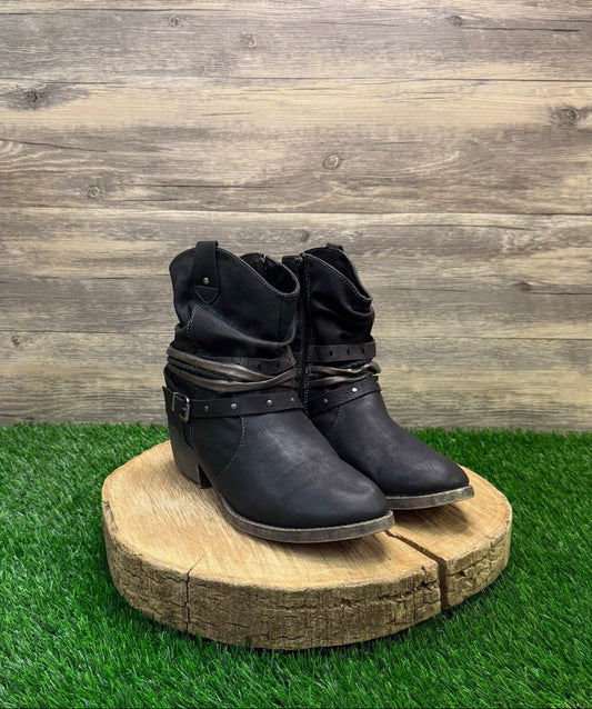 Jellypop Women - Size 9M - Black Harness Faux Leather Ankle Zipper Boots