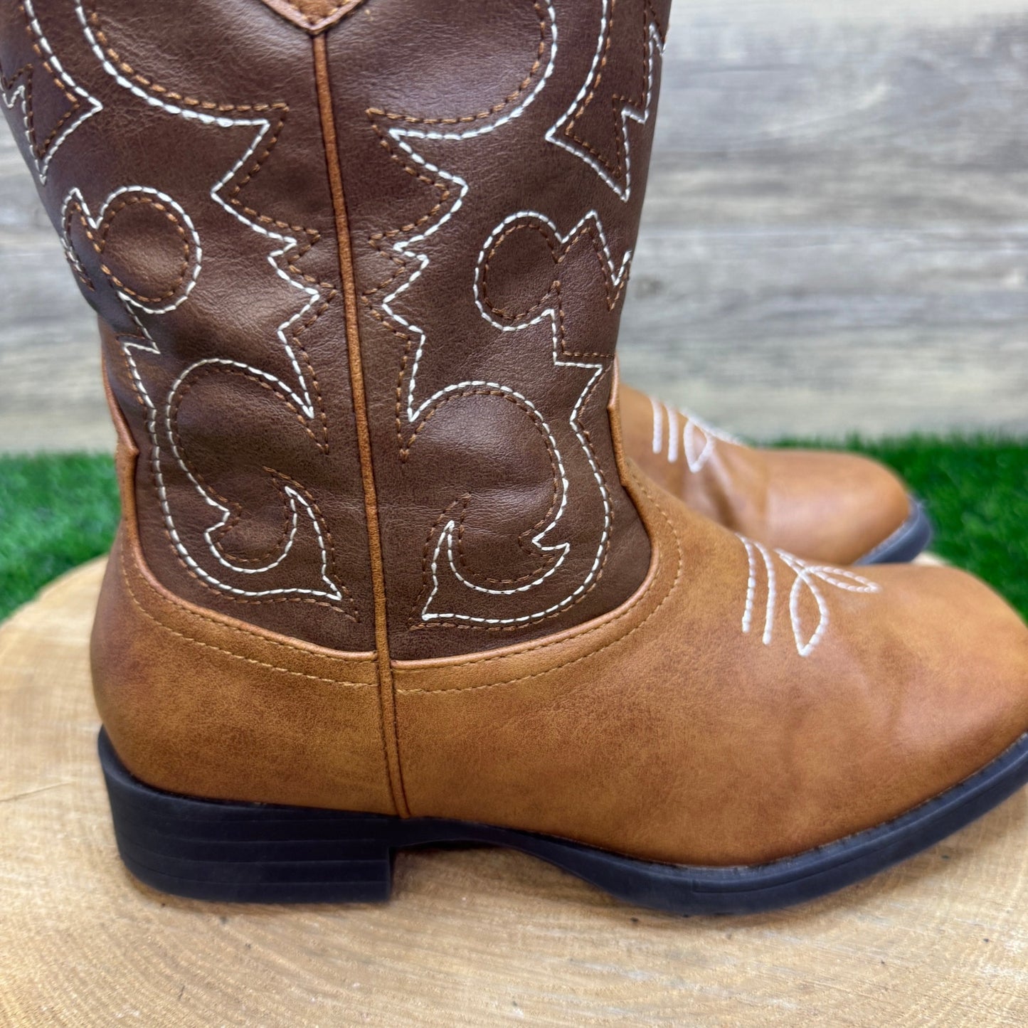 Wonder Nation Youth - Size 3 - Brown Square Toe Faux Leather Cowboy Boots 17751