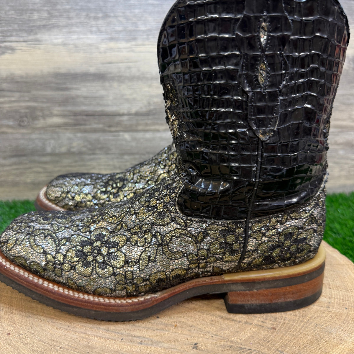 Ferrini Women - Size 9B - Black Glitter Lace Square Toe Cowboy Boots Flower