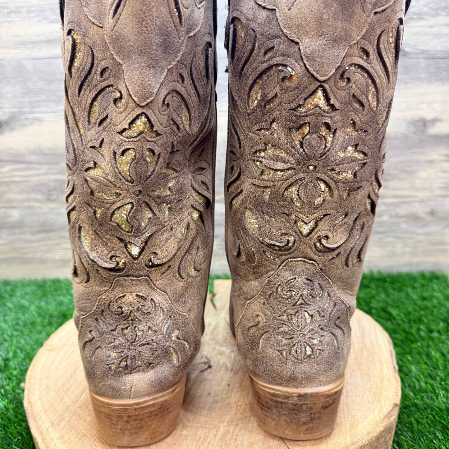 Roper Women - Size 8.5 - Distressed Tan Glitter Inlay Faux Leather Cowboy Boots 2851