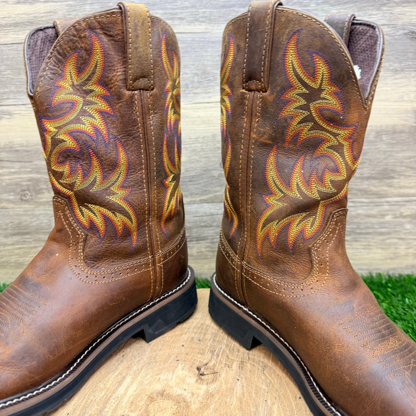 Justin Men - Size 9B - Brown Work Stampede Square Toe Cowboy Boots WKL4689