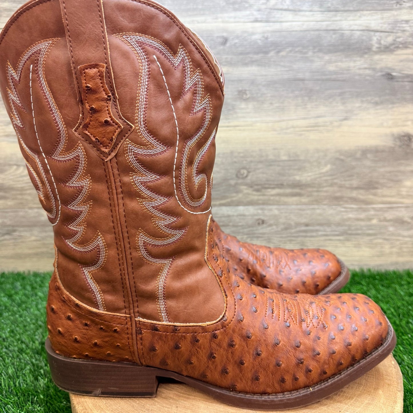 Roper Men - Size 13 - Brown Faux Ostrich Leather Square Toe Cowboy Boots 0807