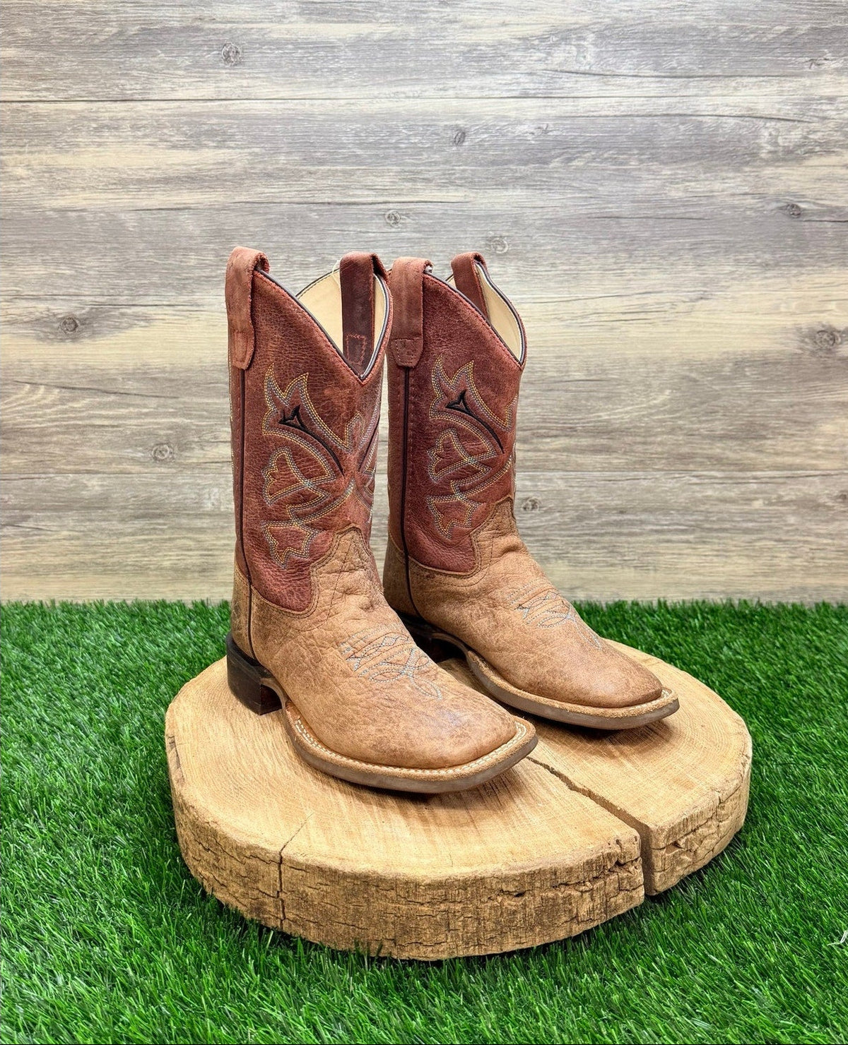 Old West Youth - Size 2D - Brown / Red Square Toe Western Cowboy Boots BSC1912