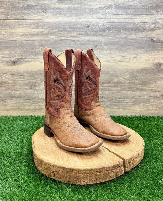 Old West Youth - Size 2D - Brown / Red Square Toe Western Cowboy Boots BSC1912