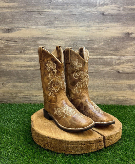 Shyanne Youth - Size 3D - Tan Floral Square Toe Cowboy Boots Style BBSC1946
