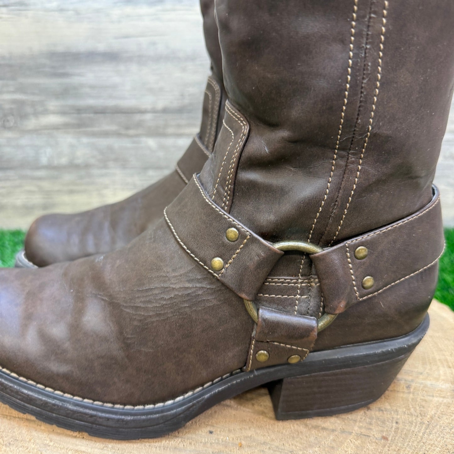 Decree Women - Size 8M - Dark Brown Harness Faux Leather Moto Boots 7412