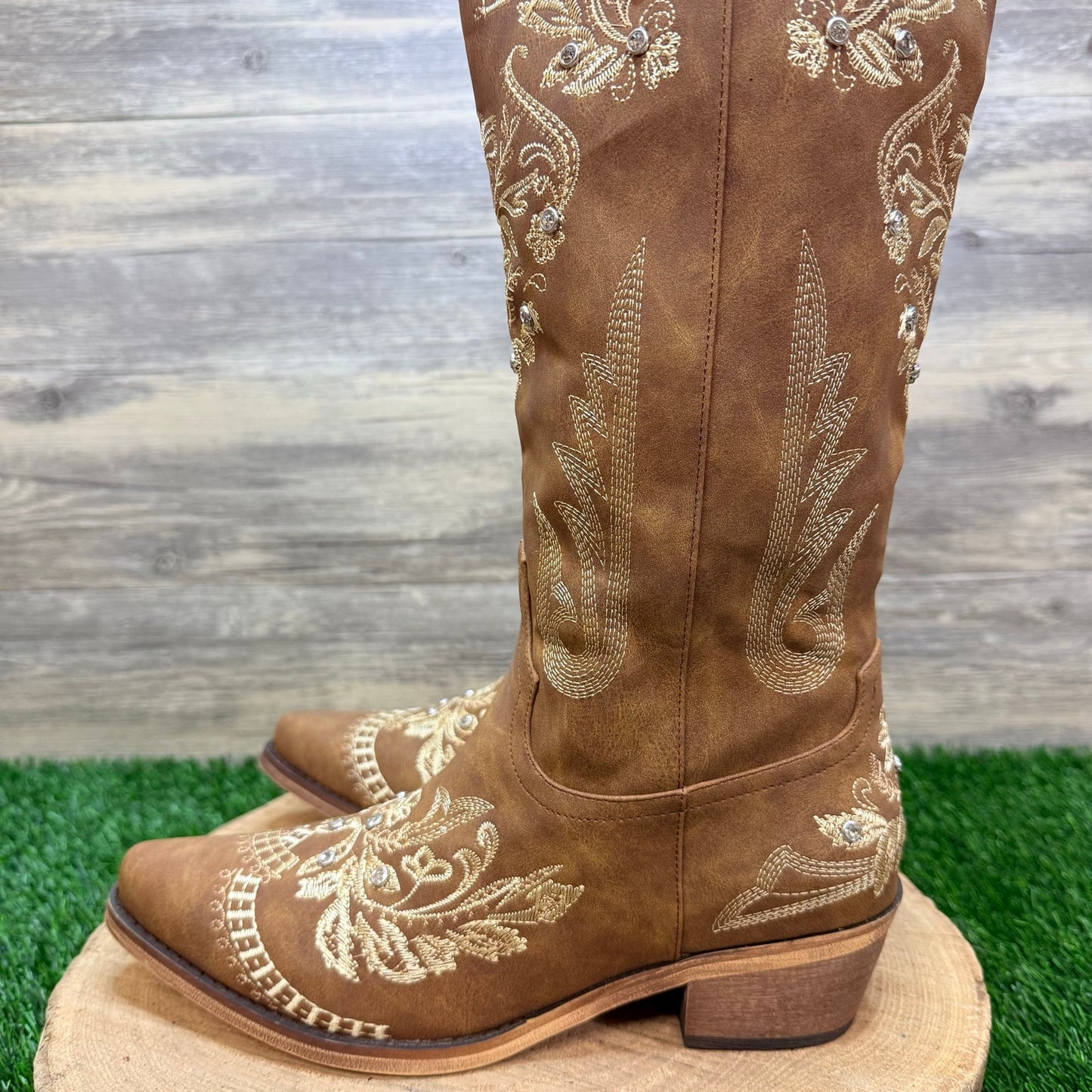 Unknown Women - Size 8.5 - Tan Jeweled Faux Suede Tall Cowboy Boots