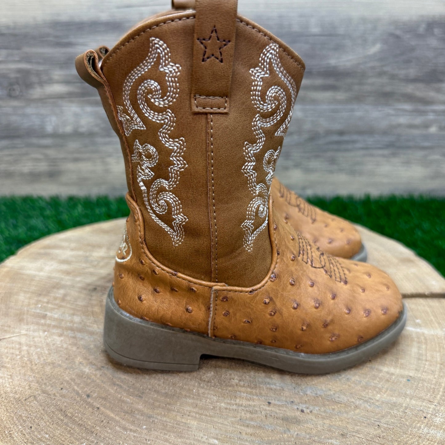 Pawz Youth - Size 8 - Tan Faux Ostrich/Leather Zipper Cowboy Boots Style 35356